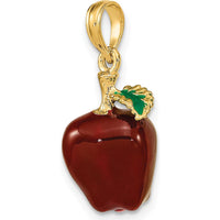 14K Yellow Gold 3D Enameled Red Apple Charm with Green Leaf Accent by Oro Pregiato