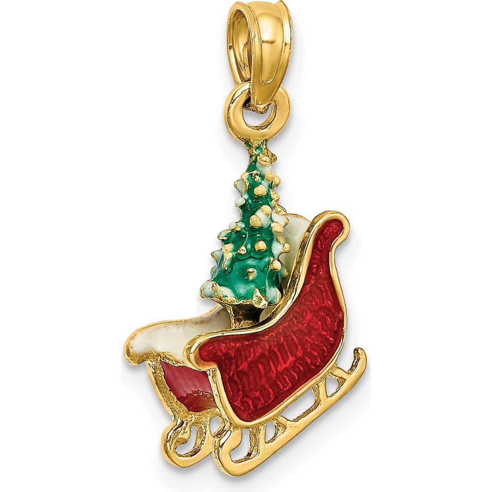 14K Yellow Gold 3D Enameled Sleigh with Christmas Tree Charm - 22.75mm Length by Oro Pregiato