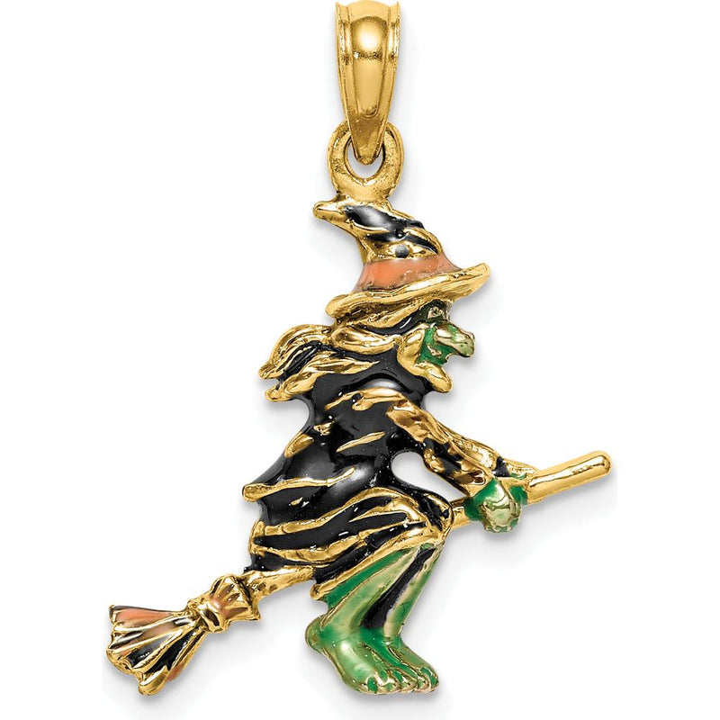 14K Yellow Gold 3D Enameled Witch Flying on Broom Charm - Playful Seasonal Pendant by Oro Pregiato