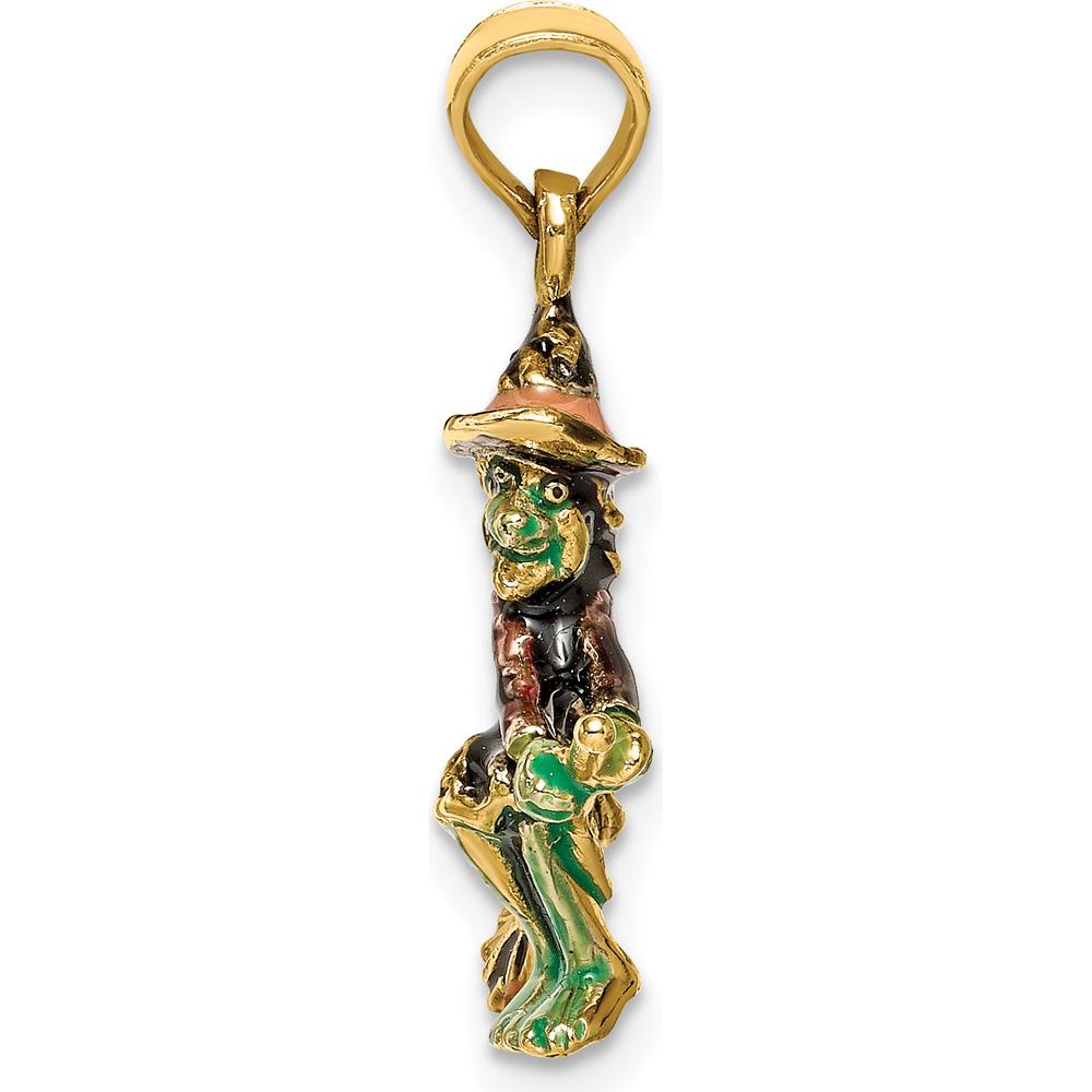 14K Yellow Gold 3D Enameled Witch Flying on Broom Charm - Playful Seasonal Pendant by Oro Pregiato
