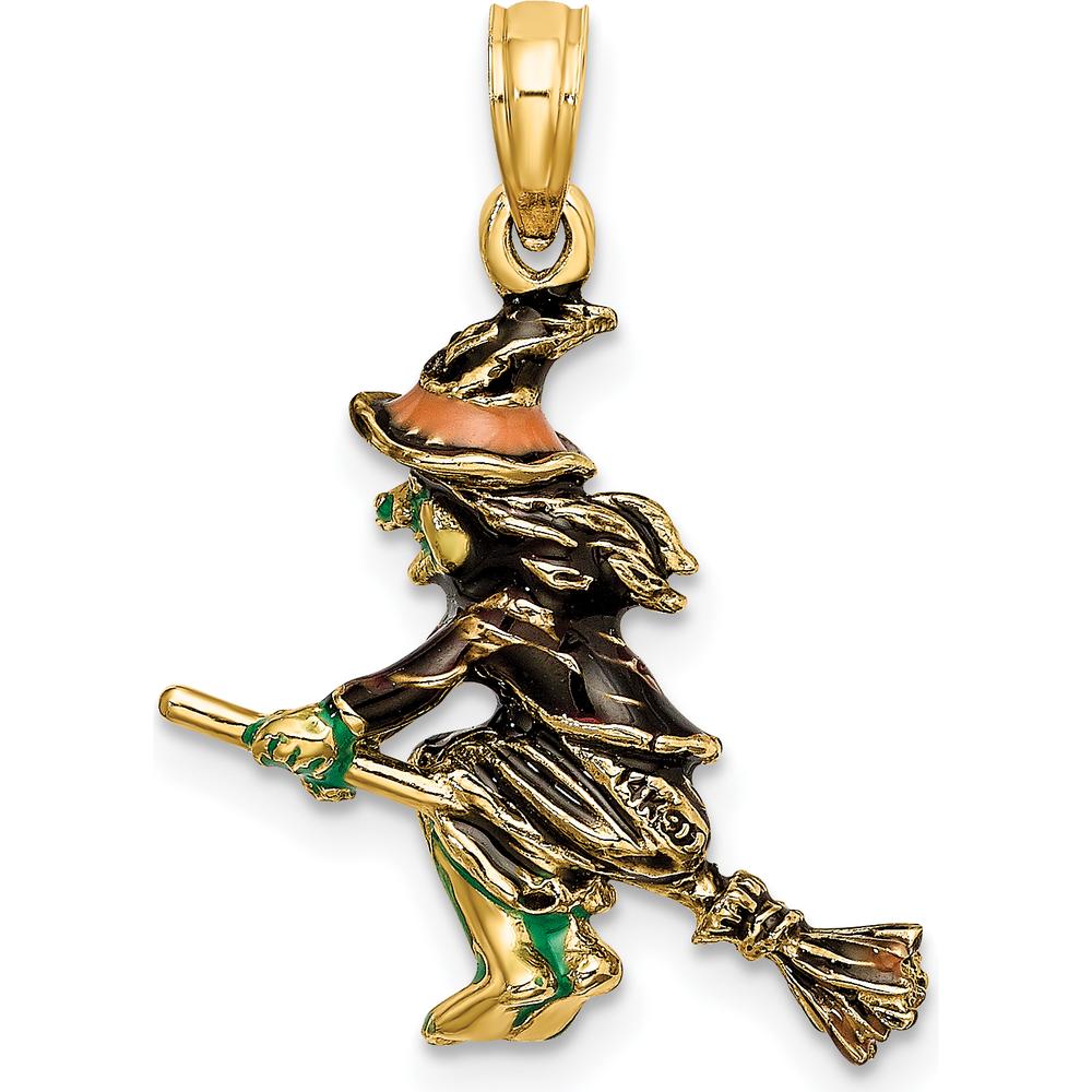 14K Yellow Gold 3D Enameled Witch Flying on Broom Charm - Playful Seasonal Pendant by Oro Pregiato