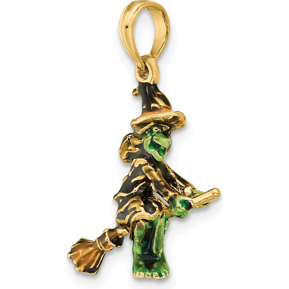 14K Yellow Gold 3D Enameled Witch Flying on Broom Charm - Playful Seasonal Pendant by Oro Pregiato