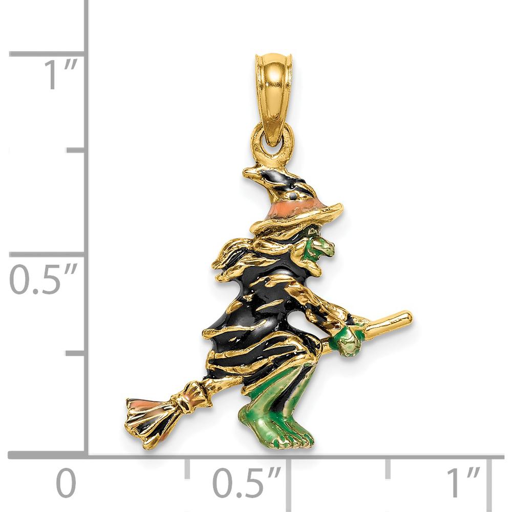 14K Yellow Gold 3D Enameled Witch Flying on Broom Charm - Playful Seasonal Pendant by Oro Pregiato