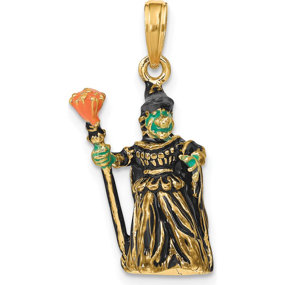 14K Yellow Gold 3D Enameled Witch with Broom Pendant Charm by Oro Pregiato