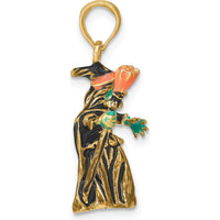14K Yellow Gold 3D Enameled Witch with Broom Pendant Charm by Oro Pregiato