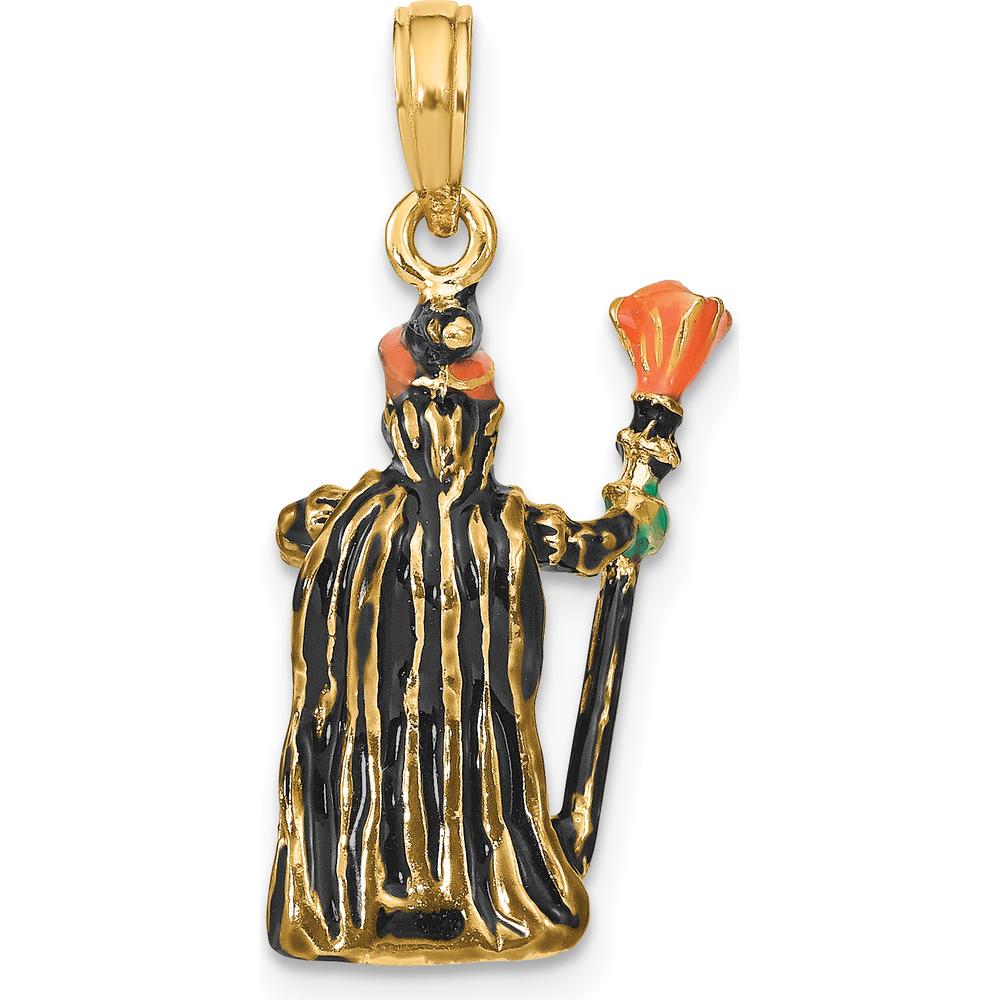 14K Yellow Gold 3D Enameled Witch with Broom Pendant Charm by Oro Pregiato