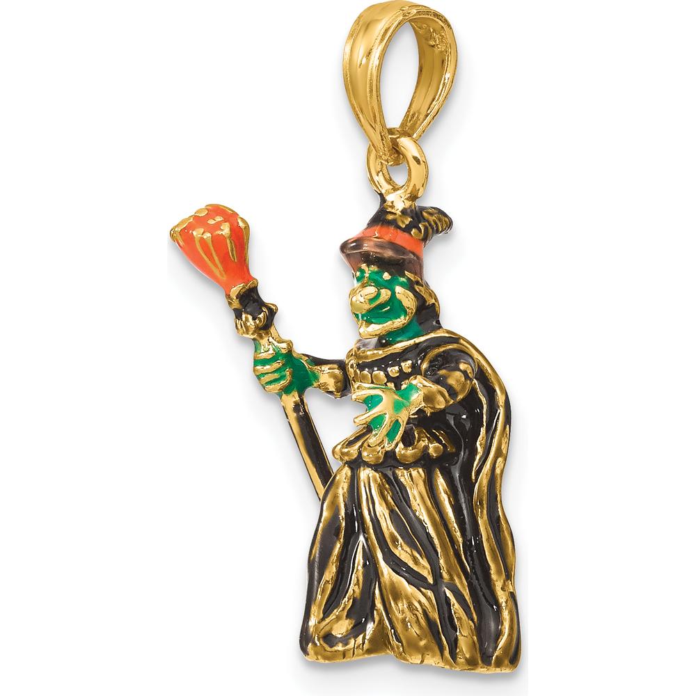 14K Yellow Gold 3D Enameled Witch with Broom Pendant Charm by Oro Pregiato