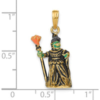 14K Yellow Gold 3D Enameled Witch with Broom Pendant Charm by Oro Pregiato
