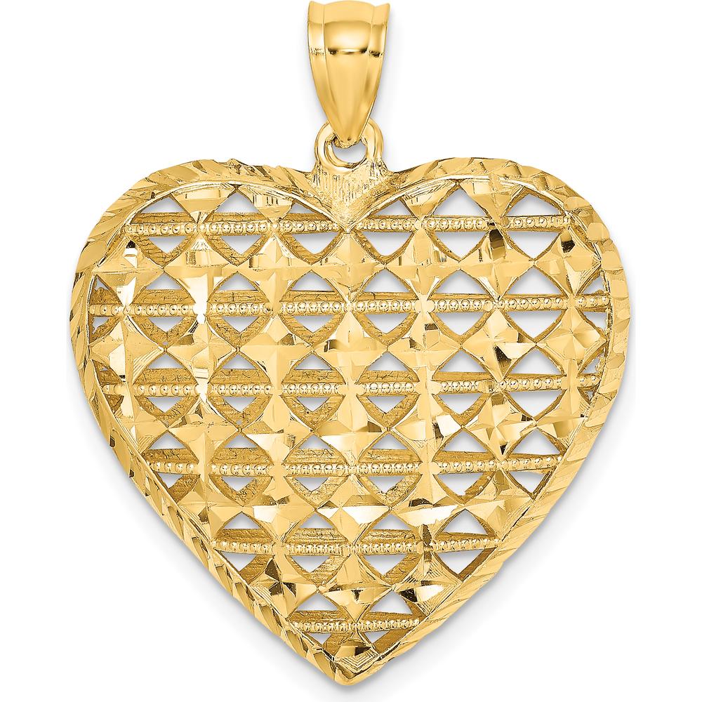 14K Yellow Gold 3D Filigree Diamond-Cut Puffed Heart Pendant - 24.5mm Length, 25.5mm Width by Oro Pregiato