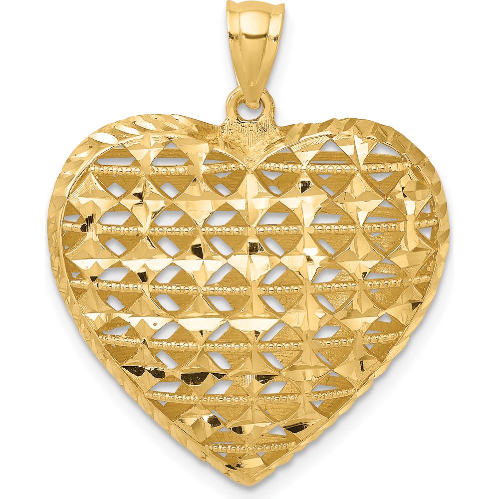 14K Yellow Gold 3D Filigree Diamond-Cut Puffed Heart Pendant - 24.5mm Length, 25.5mm Width by Oro Pregiato