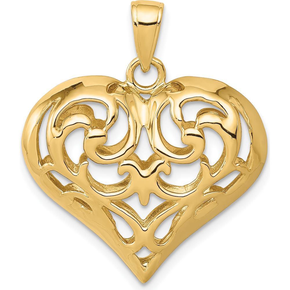 14K Yellow Gold 3D Filigree Puffed Heart Pendant - Polished Finish by Oro Pregiato