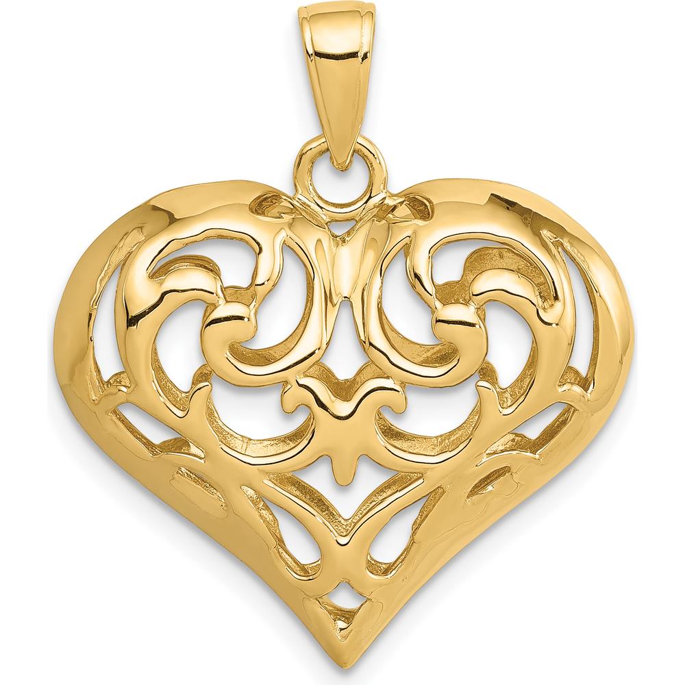 14K Yellow Gold 3D Filigree Puffed Heart Pendant - Polished Finish by Oro Pregiato