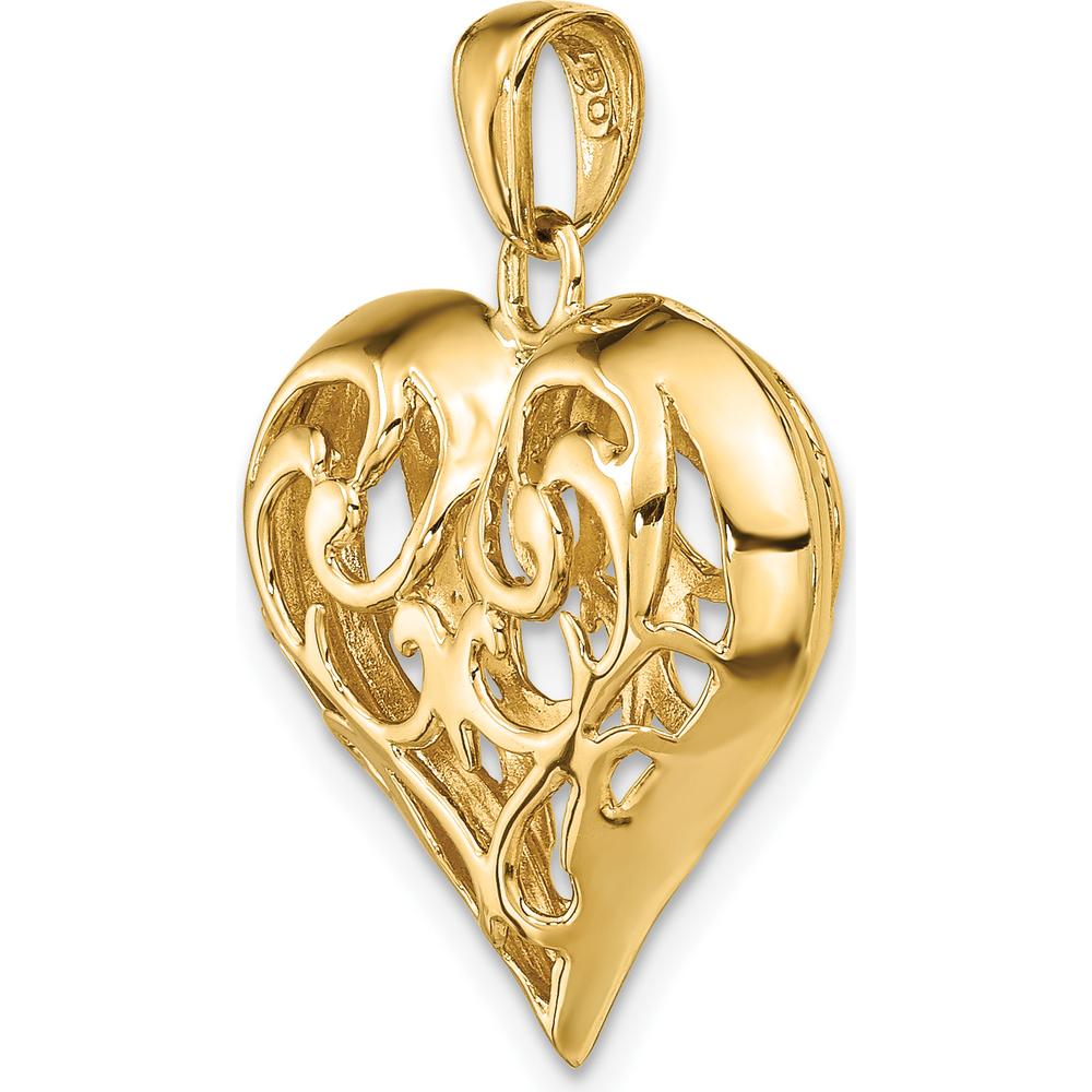 14K Yellow Gold 3D Filigree Puffed Heart Pendant - Polished Finish by Oro Pregiato