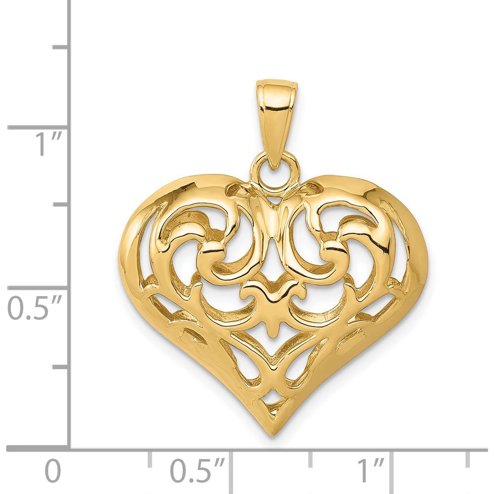 14K Yellow Gold 3D Filigree Puffed Heart Pendant - Polished Finish by Oro Pregiato