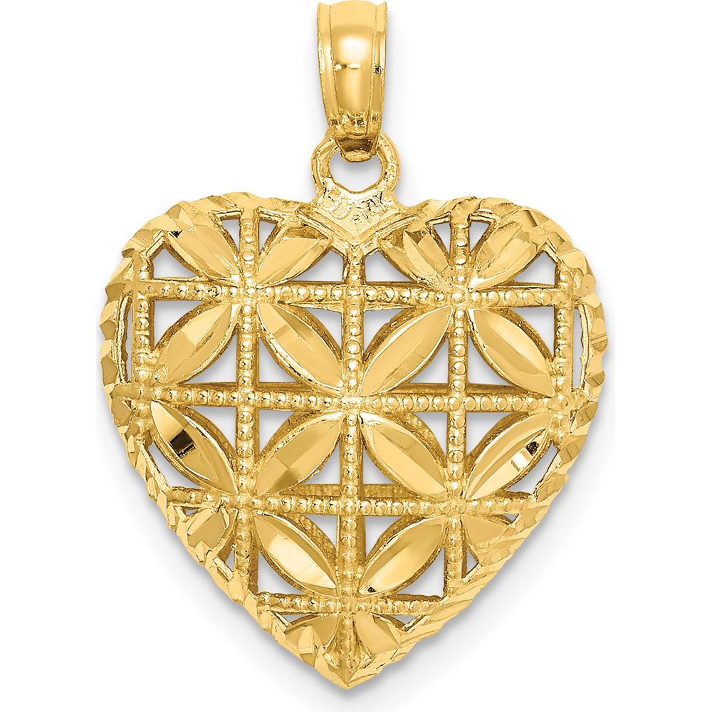 14K Yellow Gold 3D Filigree Puffed Heart Pendant - Polished Finish by Oro Pregiato
