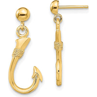 14K Yellow Gold 3D Fish Hook Dangle Earrings with Polished Finish by 0