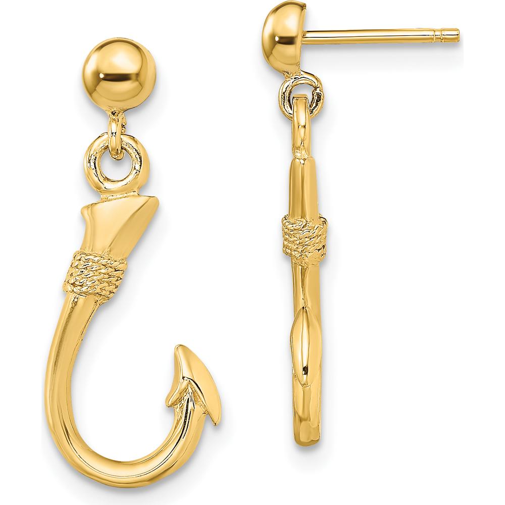14K Yellow Gold 3D Fish Hook Dangle Earrings with Polished Finish by 0