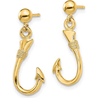 14K Yellow Gold 3D Fish Hook Dangle Earrings with Polished Finish by 0