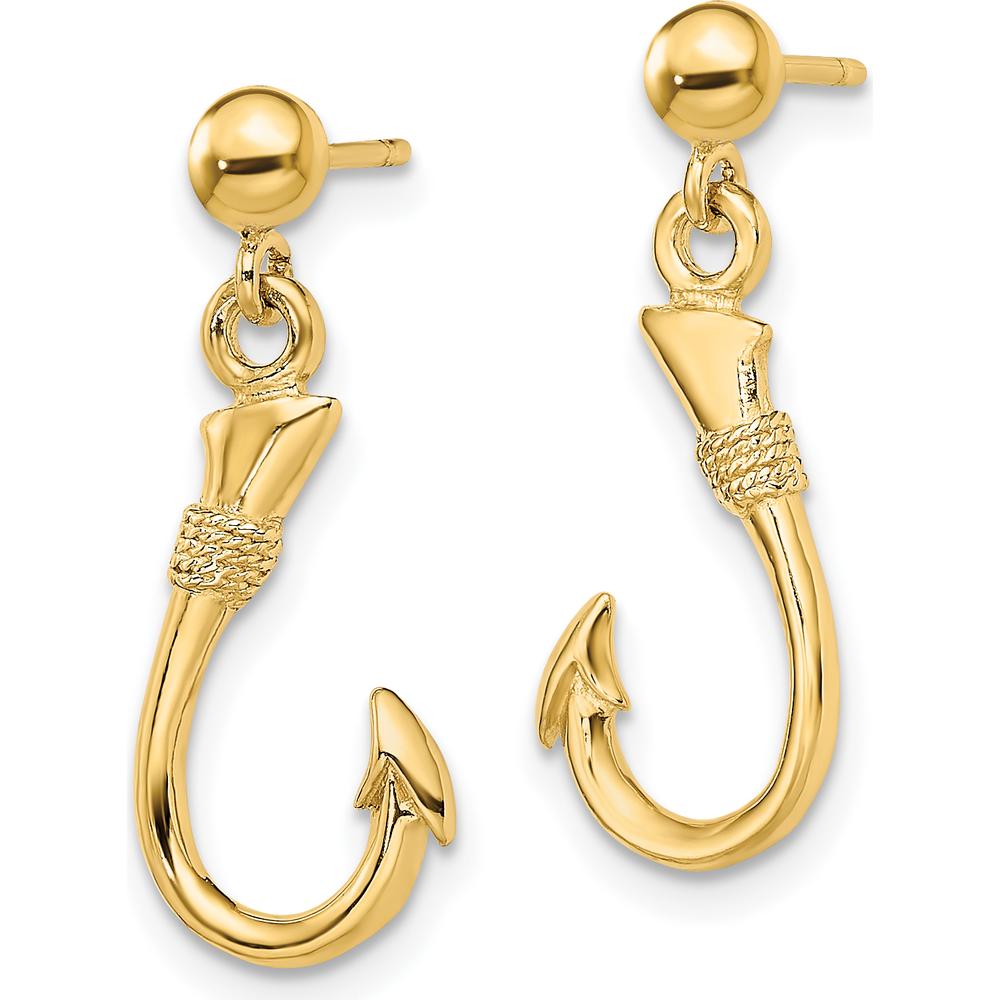 14K Yellow Gold 3D Fish Hook Dangle Earrings with Polished Finish by 0