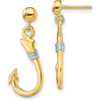 14K Yellow Gold 3D Fish Hook Earrings with Rhodium Rope Accent - 23.4mm Length by 0