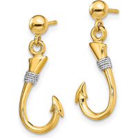 14K Yellow Gold 3D Fish Hook Earrings with Rhodium Rope Accent - 23.4mm Length by 0