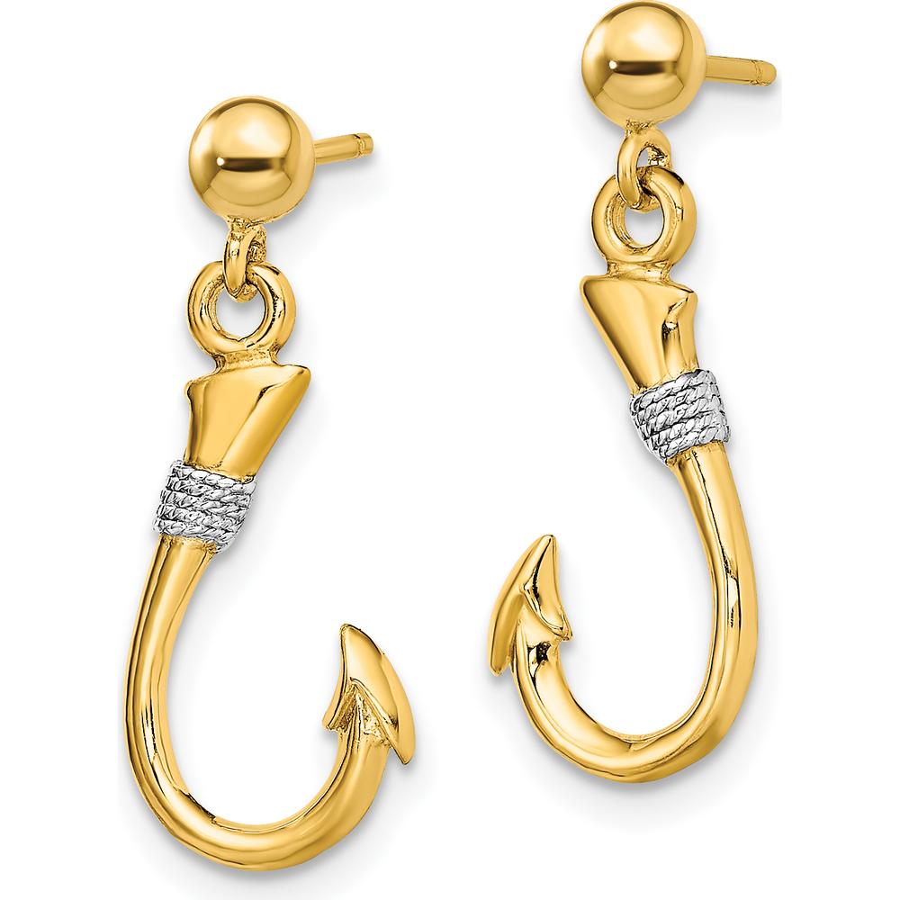 14K Yellow Gold 3D Fish Hook Earrings with Rhodium Rope Accent - 23.4mm Length by 0