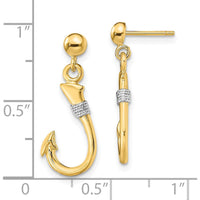 14K Yellow Gold 3D Fish Hook Earrings with Rhodium Rope Accent - 23.4mm Length by 0