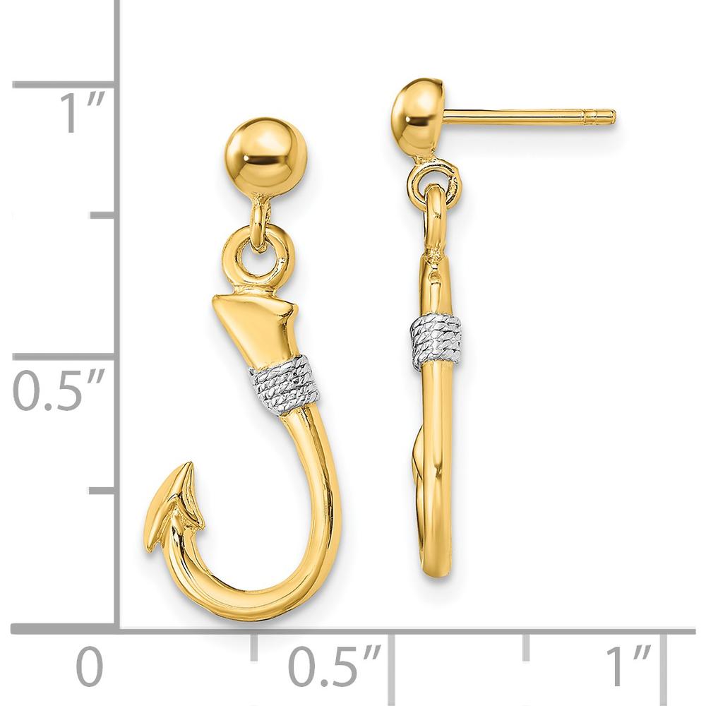 14K Yellow Gold 3D Fish Hook Earrings with Rhodium Rope Accent - 23.4mm Length by Oro Pregiato 14K Yellow Gold 3D Fish Hook Earrings with Rhodium Rope Accent - 23.4mm Length by Oro Pregiato