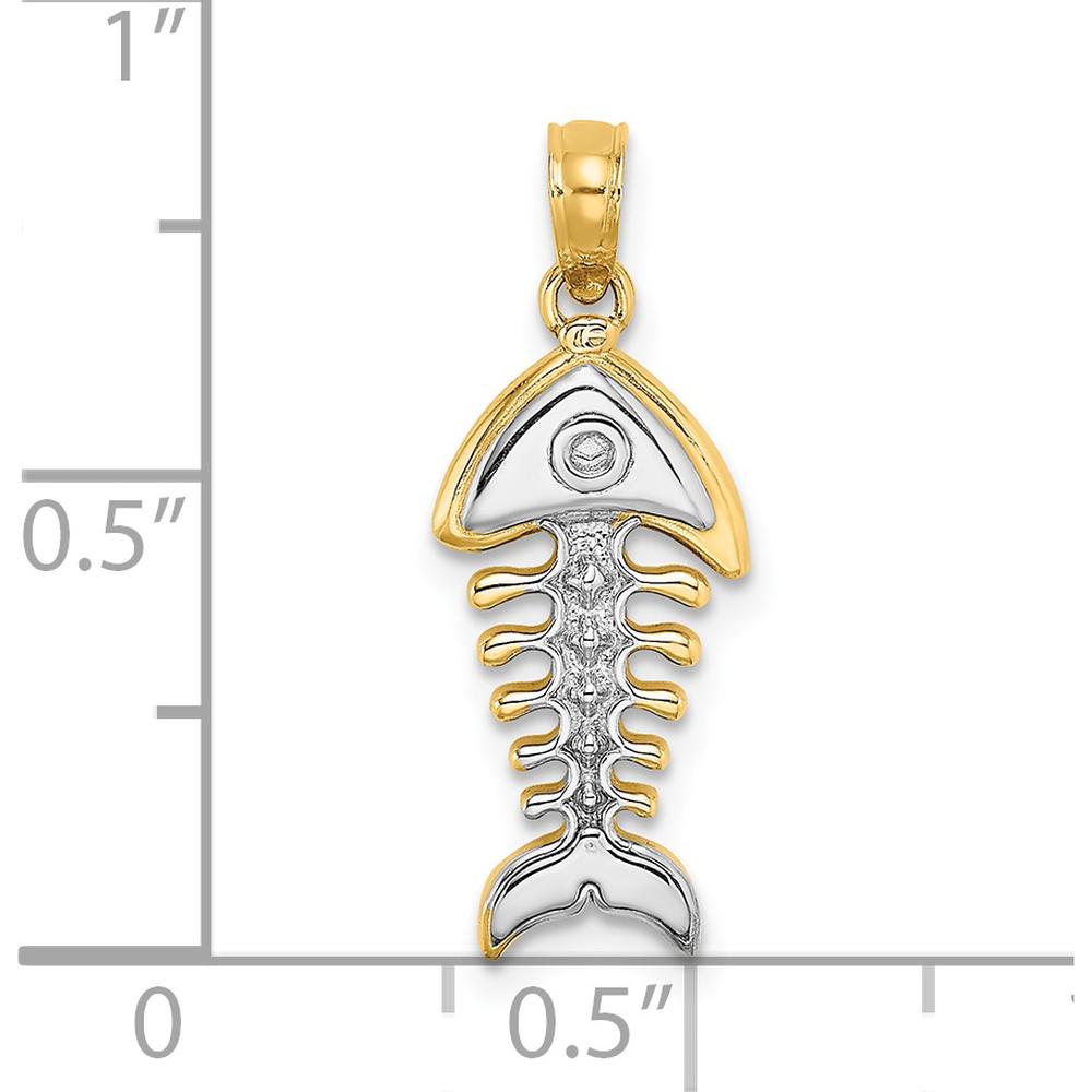 14K Yellow Gold 3D Fishbone Charm with Rhodium Plating by Oro Pregiato