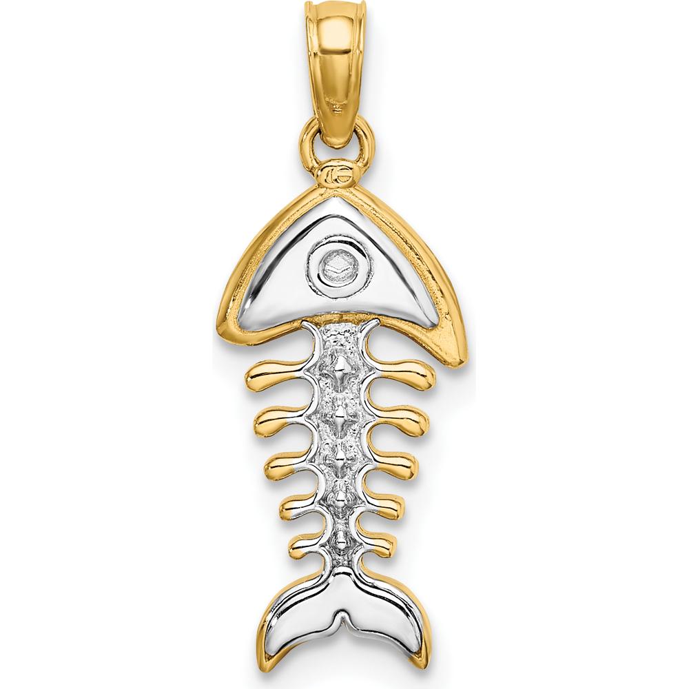 14K Yellow Gold 3D Fishbone Charm with Rhodium Plating by Oro Pregiato