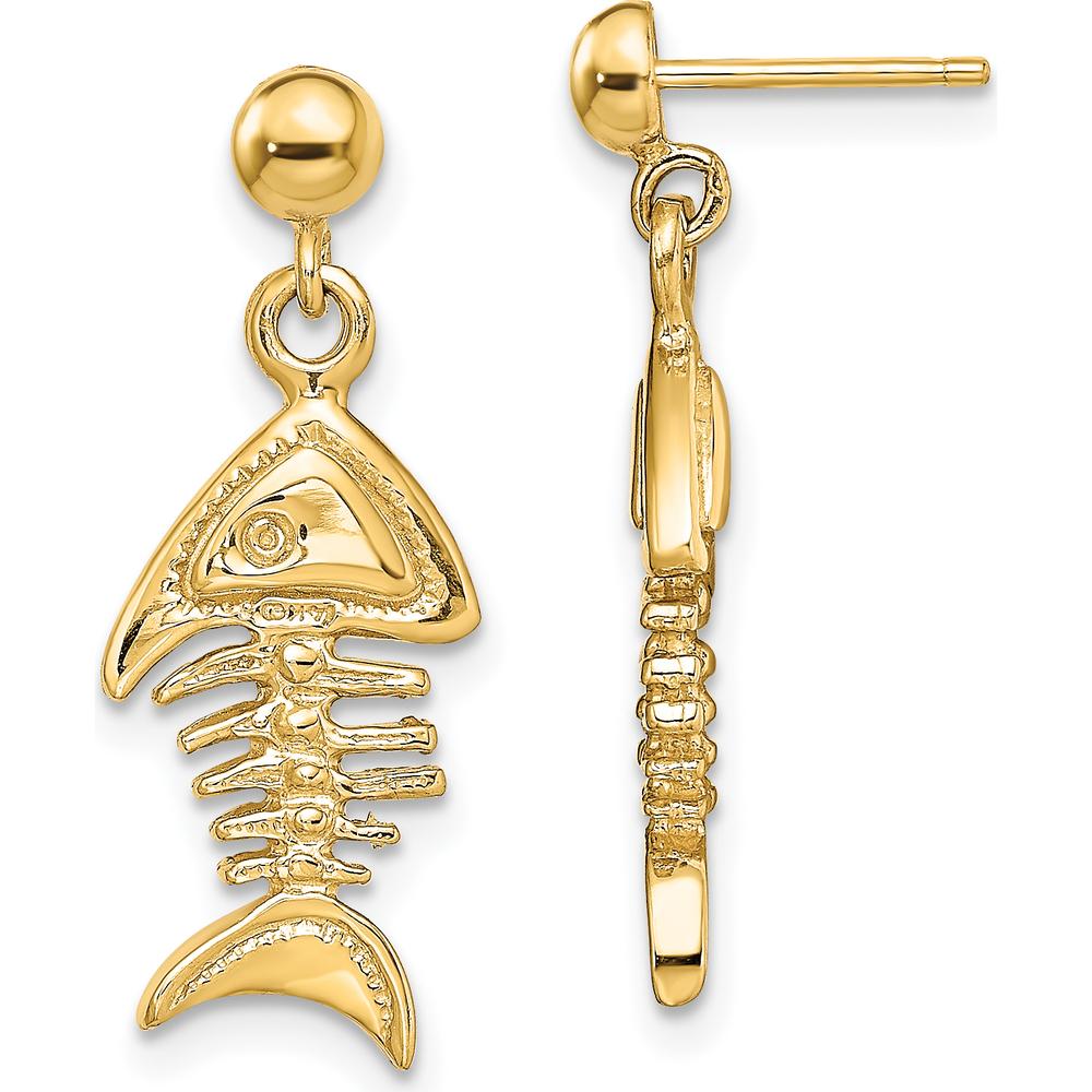 14K Yellow Gold 3D Fishbone Dangle Earrings with Polished Finish by 0