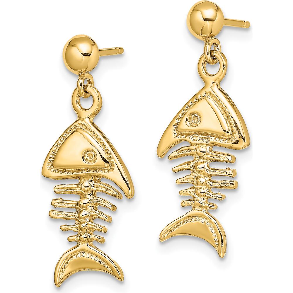14K Yellow Gold 3D Fishbone Dangle Earrings with Polished Finish by 0