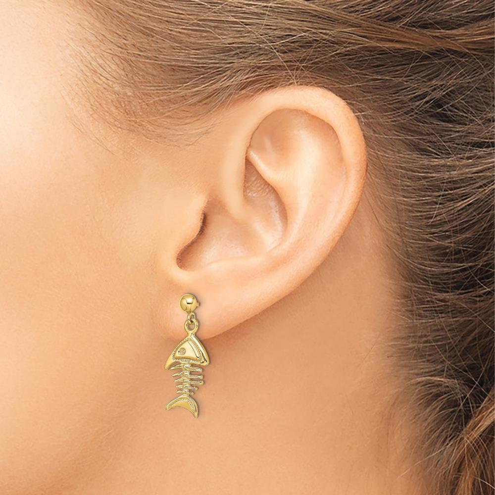 14K Yellow Gold 3D Fishbone Dangle Earrings with Polished Finish by 0