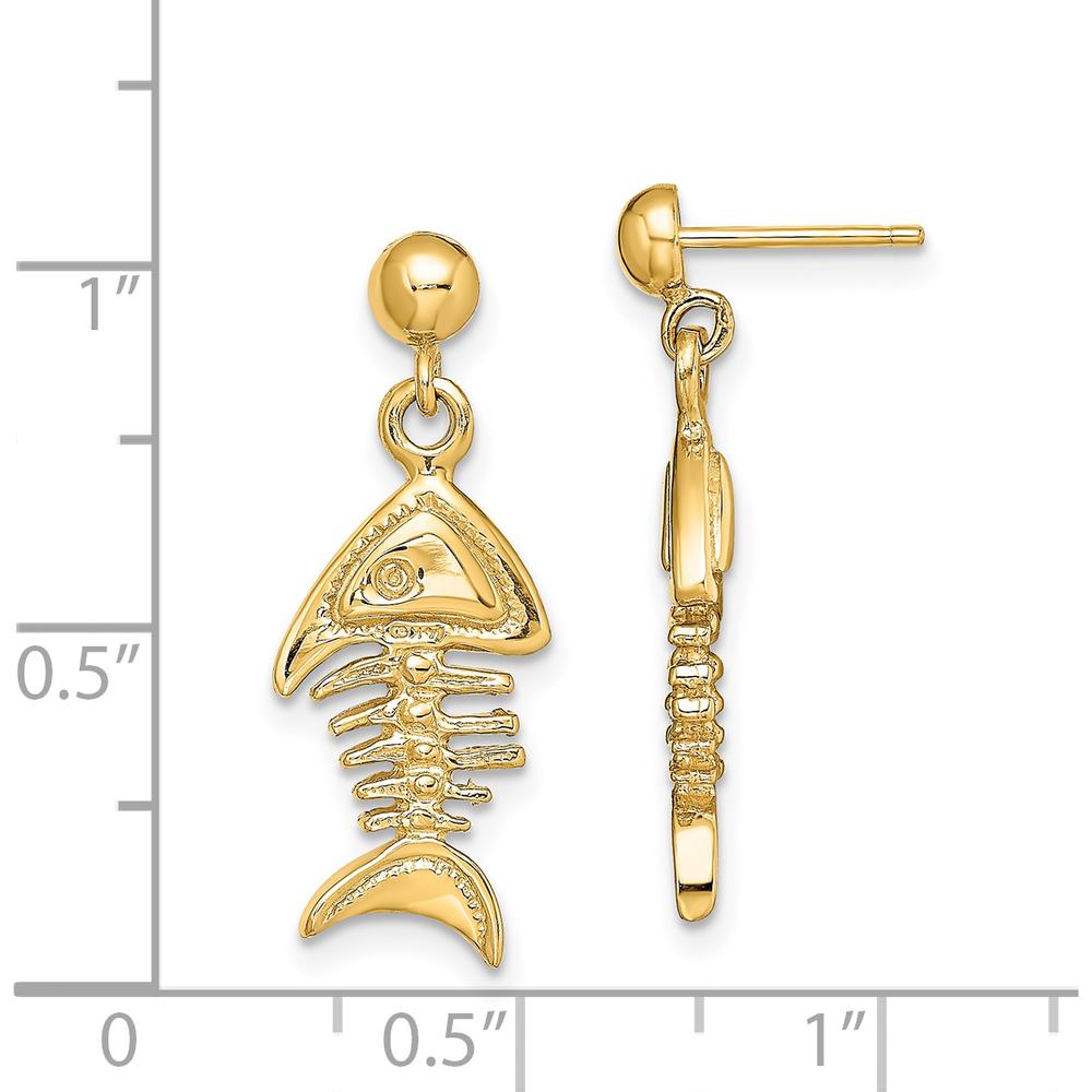 14K Yellow Gold 3D Fishbone Dangle Earrings with Polished Finish by 0