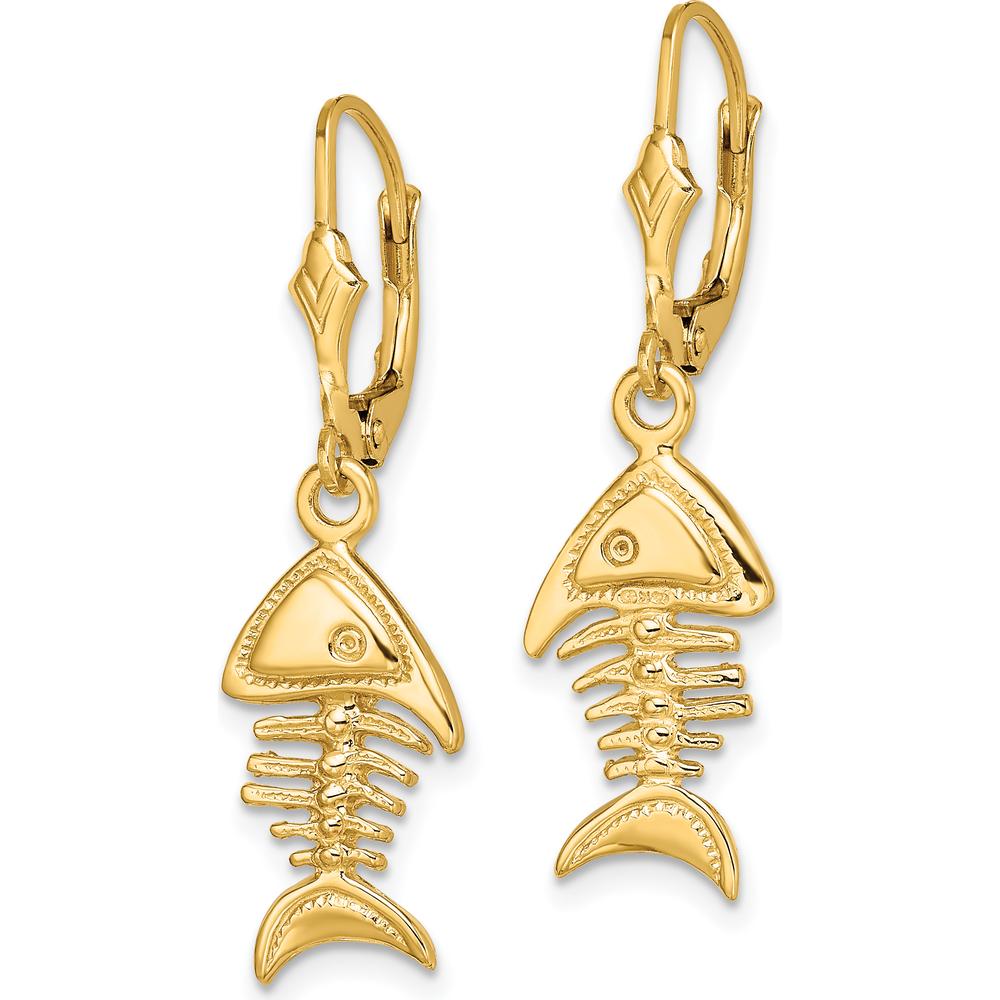 14K Yellow Gold 3D Fishbone Motif Leverback Earrings - Polished Finish by 0