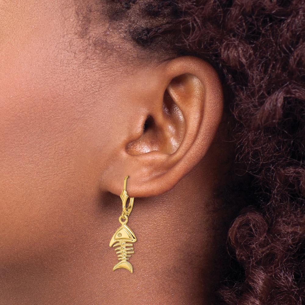 14K Yellow Gold 3D Fishbone Motif Leverback Earrings - Polished Finish by 0
