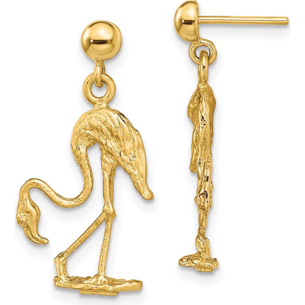 14K Yellow Gold 3D Flamingo Dangle Earrings - Sculptural Drop Design by 0