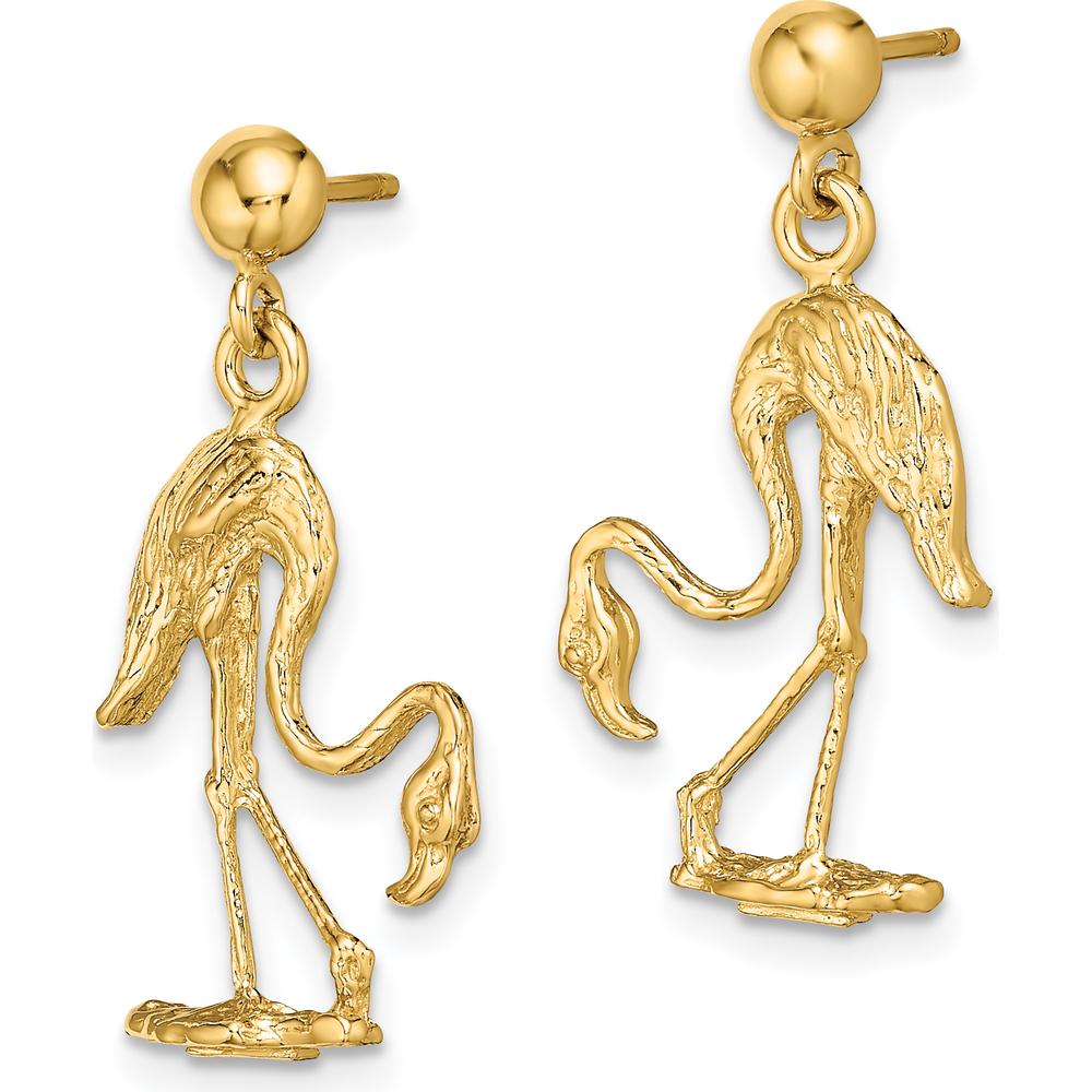 14K Yellow Gold 3D Flamingo Dangle Earrings - Sculptural Drop Design by 0