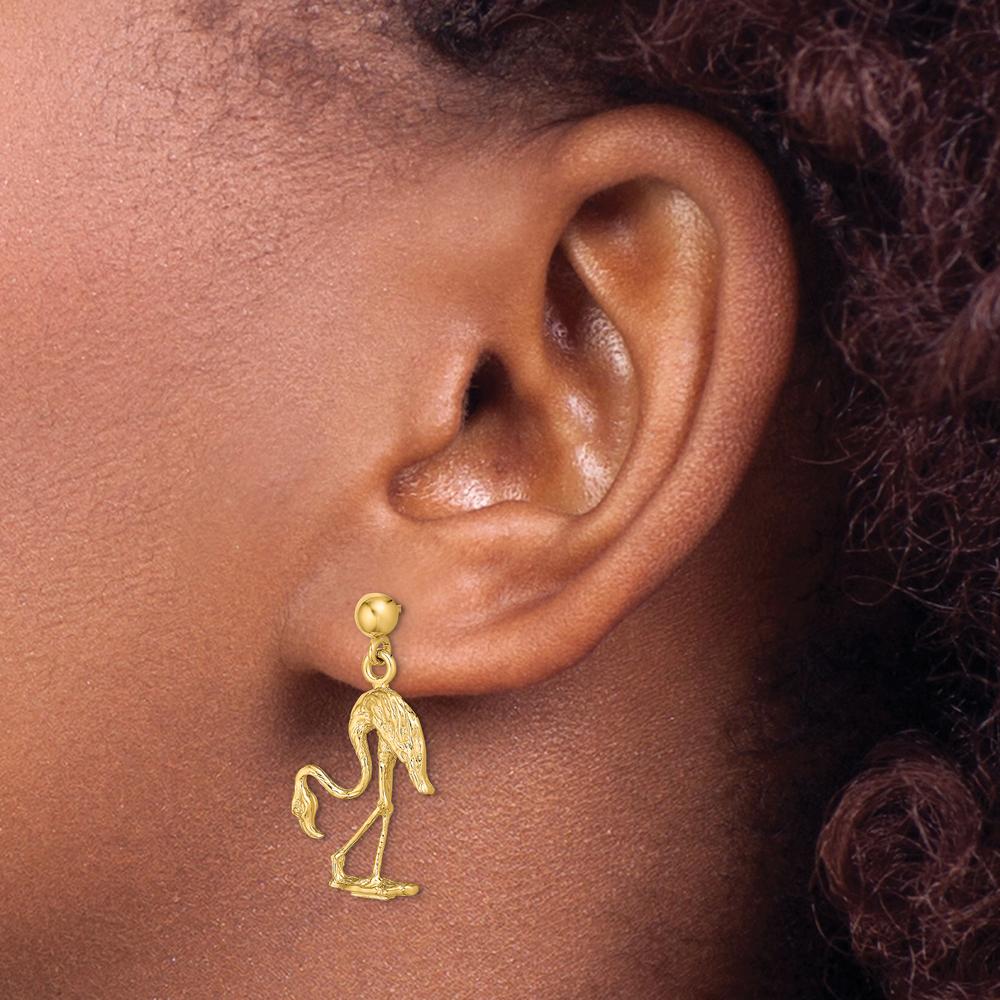 14K Yellow Gold 3D Flamingo Dangle Earrings - Sculptural Drop Design by 0
