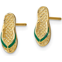 14K Yellow Gold 3D Flip-Flop Earrings with Green Enamel Accent - Fun, Playful Design by 0