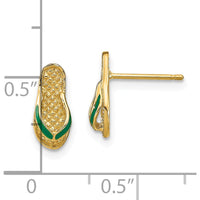 14K Yellow Gold 3D Flip-Flop Earrings with Green Enamel Accent - Fun, Playful Design by 0