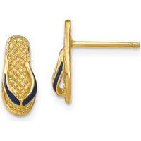 14K Yellow Gold 3D Flip-Flop Post Earrings with Blue Enamel Detail by 0