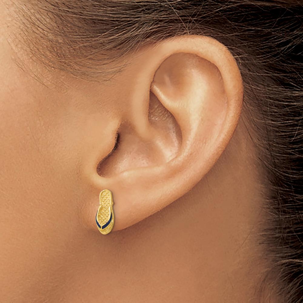 14K Yellow Gold 3D Flip-Flop Post Earrings with Blue Enamel Detail by 0
