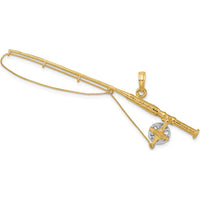 14K Yellow Gold 3D Fly Rod Fishing Pole Charm with Rhodium Accents by Oro Pregiato