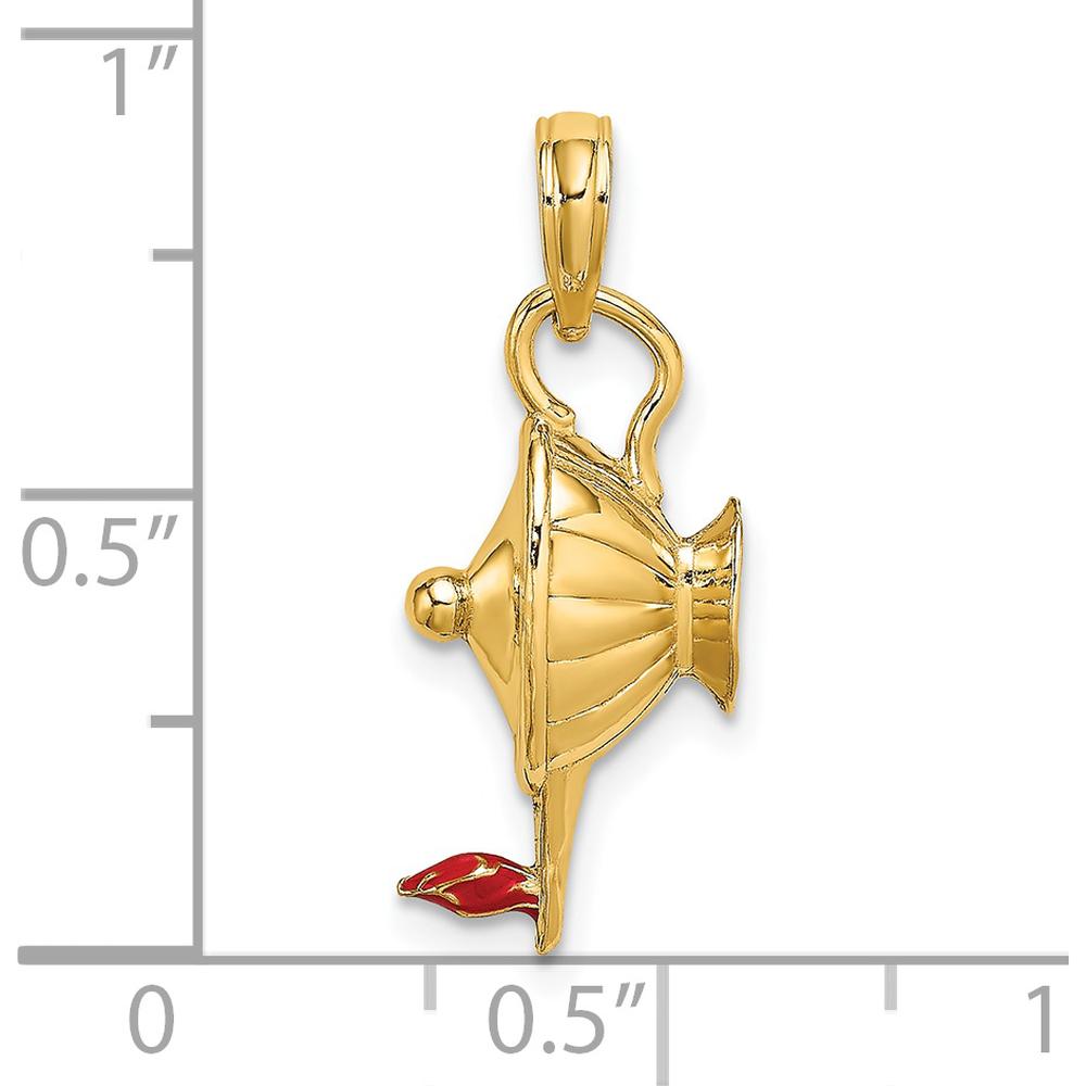 14K Yellow Gold 3D Genie Lamp Charm with Orange Enamel Accent - Polished Finish by Oro Pregiato