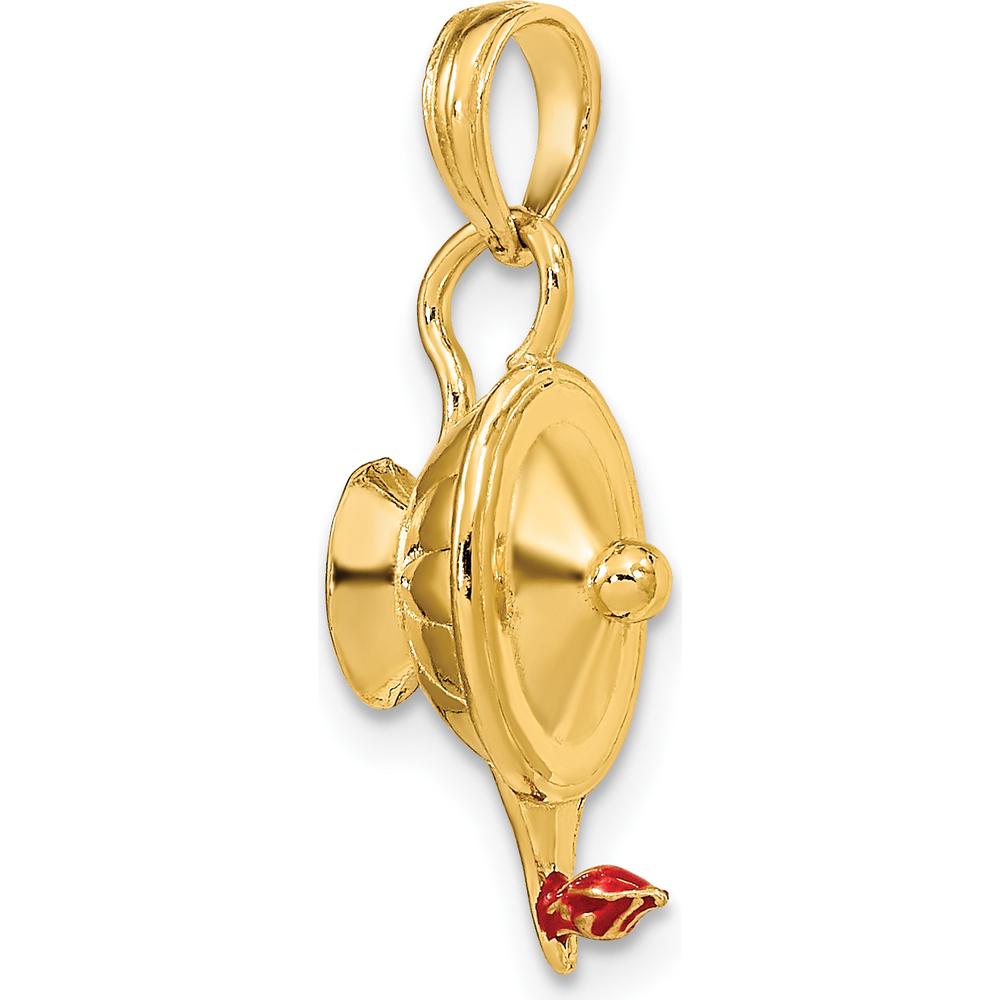 14K Yellow Gold 3D Genie Lamp Charm with Orange Enamel Accent - Polished Finish by Oro Pregiato