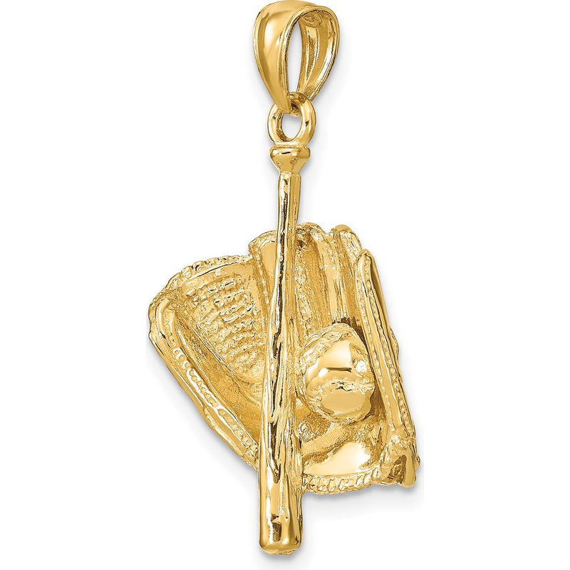 14K Yellow Gold 3D Glove/Bat/Baseball Pendant - Polished Finish by Oro Pregiato