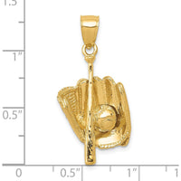 14K Yellow Gold 3D Glove/Bat/Baseball Pendant - Polished Finish by Oro Pregiato