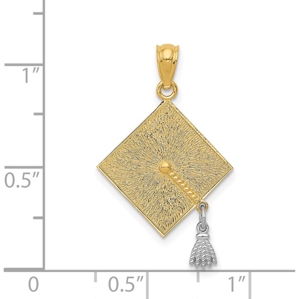 14K Yellow Gold 3D Graduation Cap Pendant with Movable Rhodium Tassel by Oro Pregiato
