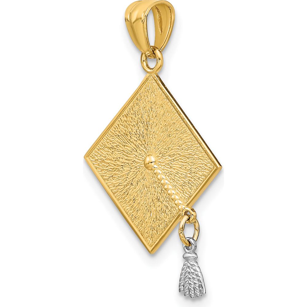 14K Yellow Gold 3D Graduation Cap Pendant with Movable Rhodium Tassel by Oro Pregiato